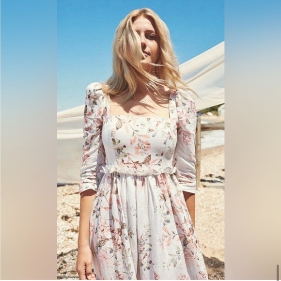 NWT Cara Cara Blue Hill Dress in Trellis Floral Ivory Tiered Linen Dress 4 Four - Picture 15 of 16